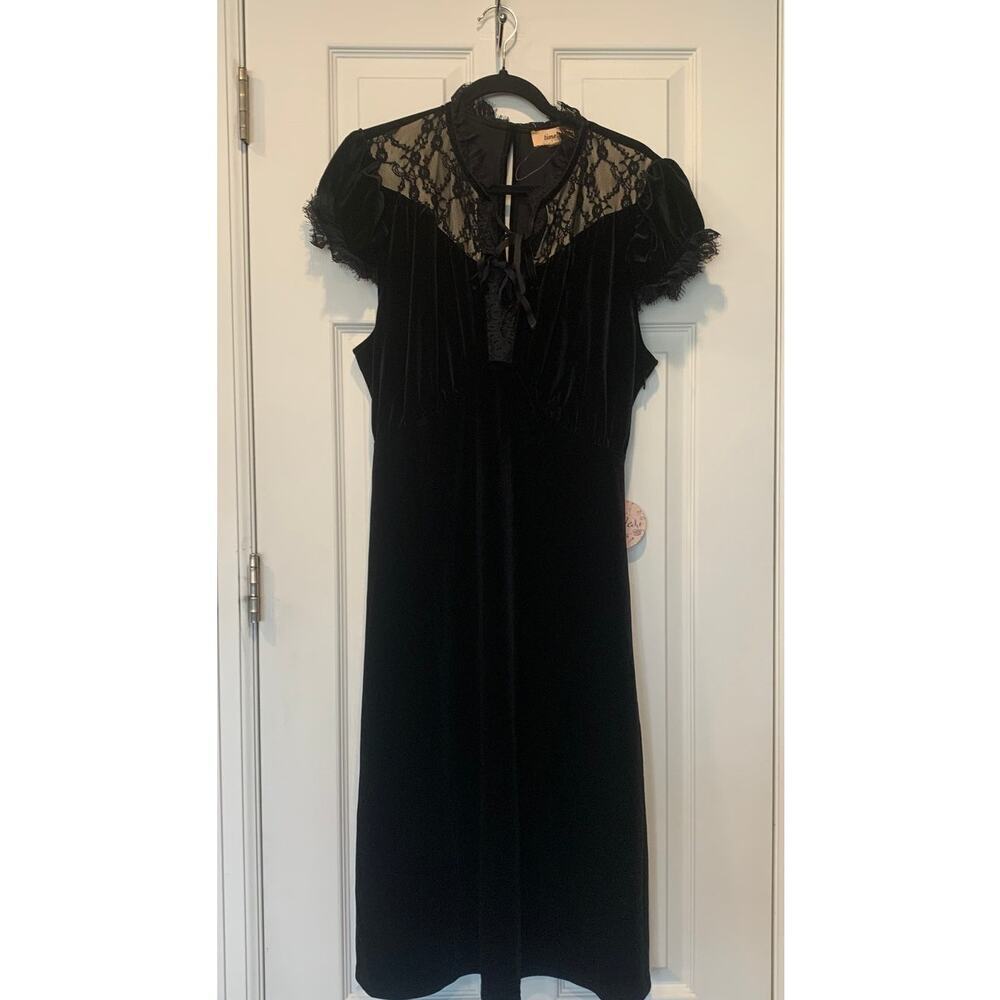 New! Unique Vintage Wm's Retro Velvet Lace 40's Puff sleeve Midi Dress Sz 14 - Picture 2 of 5